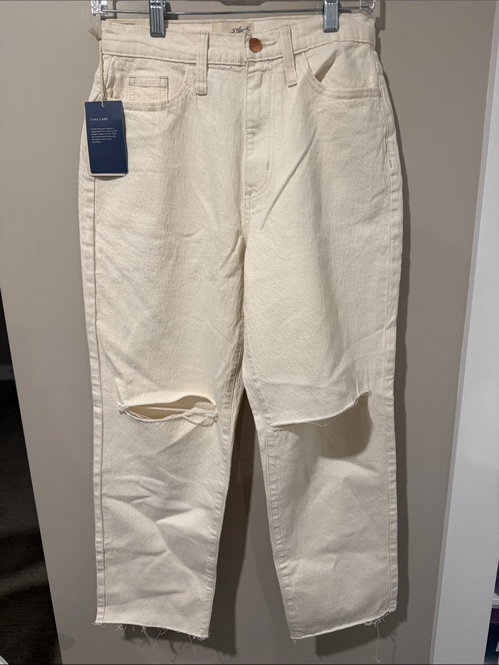 Cream Distressed Vintage Stretch Straight-Leg Jeans